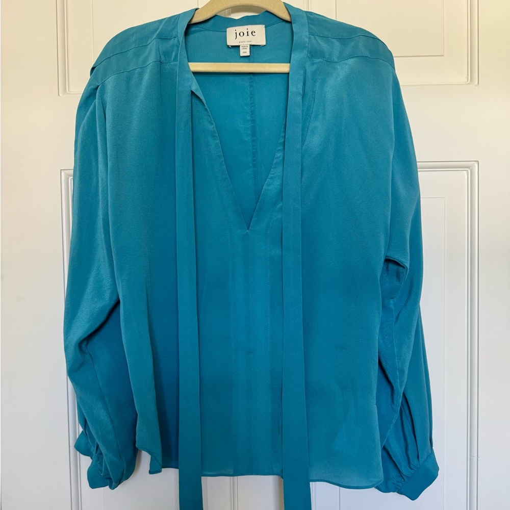 Joie Teal V-Neck Tie-Neck Blouse